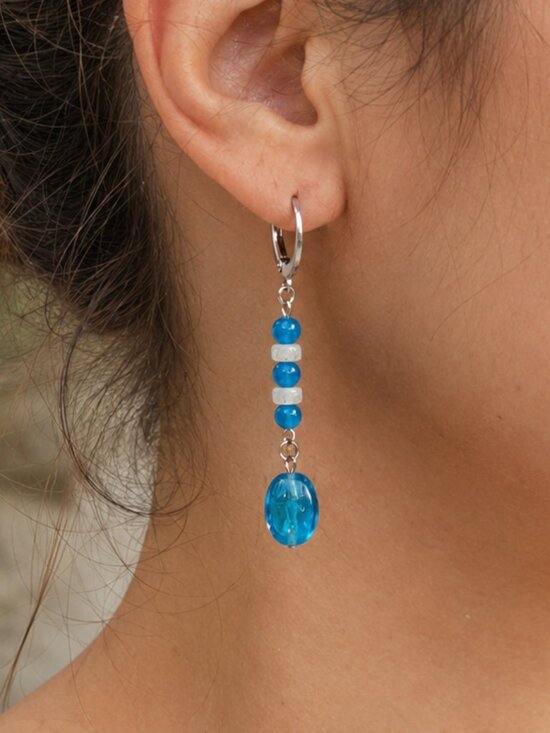 Handmade Jewelry - Aqua Quartz & Glass Earrings, Stainless Steel Leverback